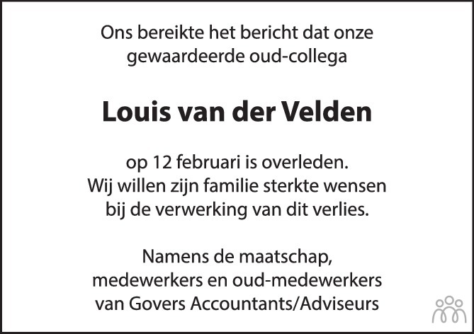 Overlijdensbericht van Louis van der Velden in Eindhovens Dagblad