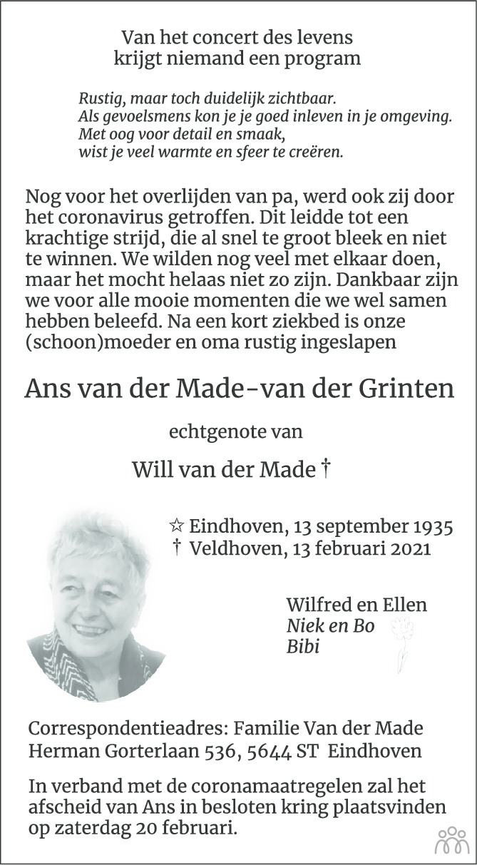 Overlijdensbericht van Ans van der Made-van der Grinten in Eindhovens Dagblad