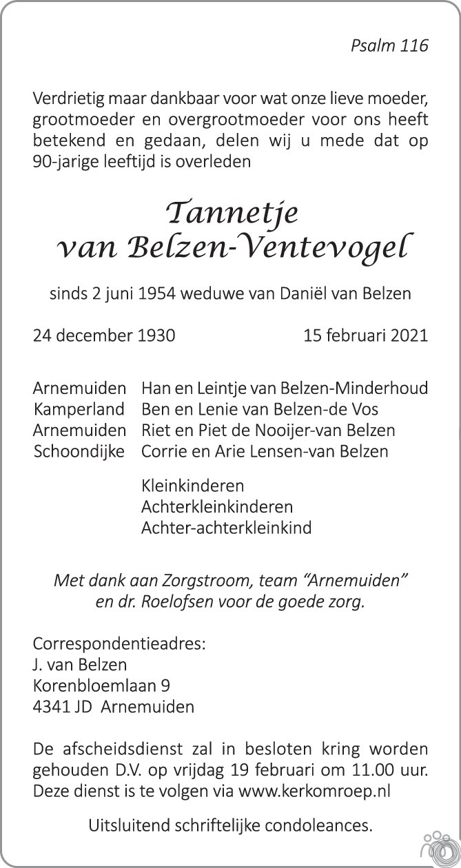 Overlijdensbericht van Tannetje van Belzen-Ventevogel in PZC Provinciale Zeeuwse Courant