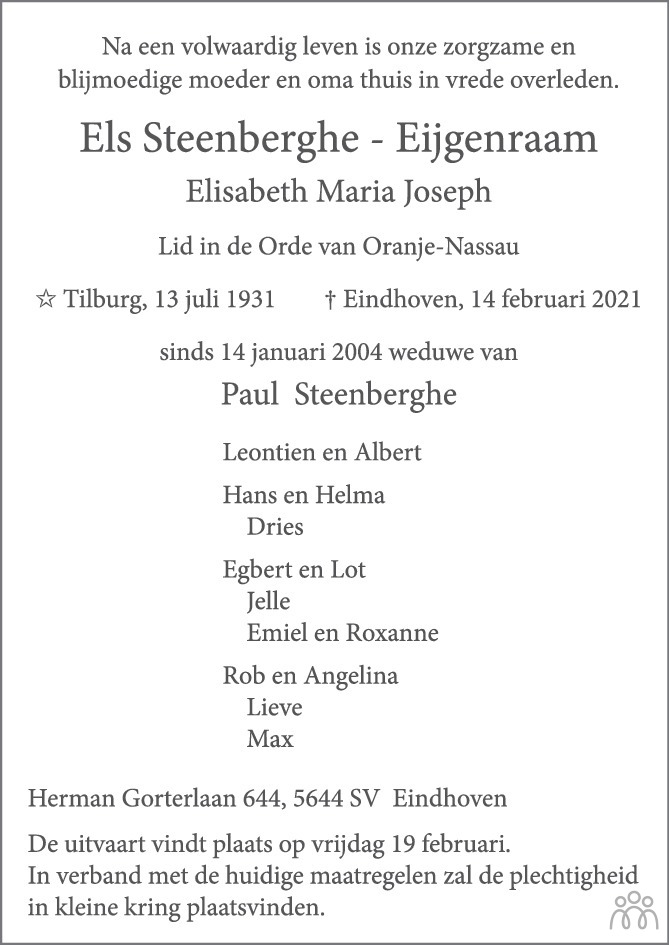 Overlijdensbericht van Els (Elisabeth Maria Joseph) Steenberghe-Eijgenraam in Eindhovens Dagblad