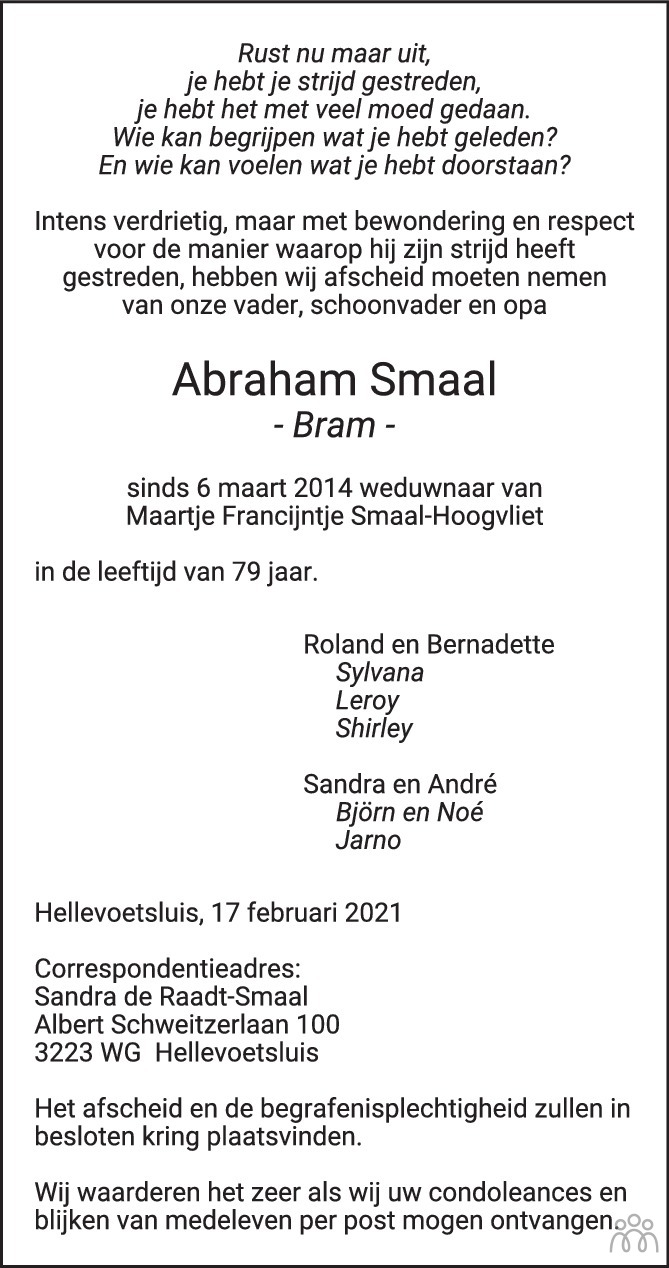 Overlijdensbericht van Abraham (Bram) Smaal in Het Kompas vrijdag