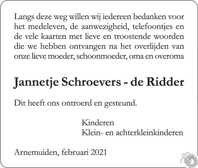 Overlijdensbericht van Jannetje  Schroevers-de Ridder in PZC Provinciale Zeeuwse Courant