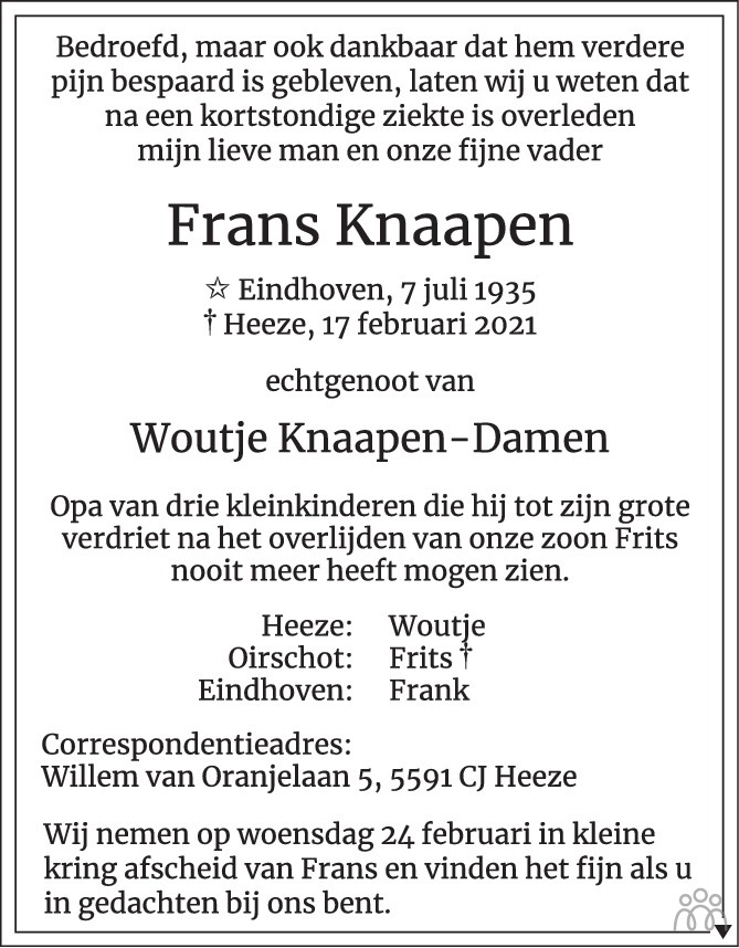 Overlijdensbericht van Frans Knaapen in Eindhovens Dagblad