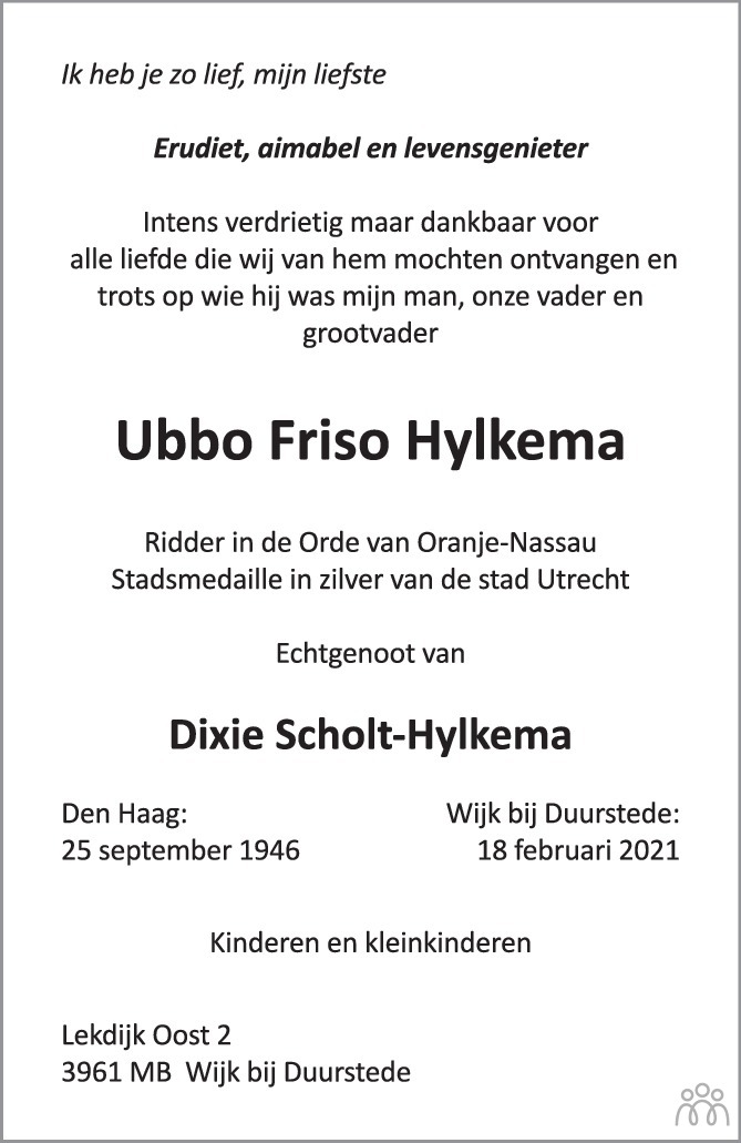 Overlijdensbericht van Ubbo Friso Hylkema in AD Algemeen Dagblad