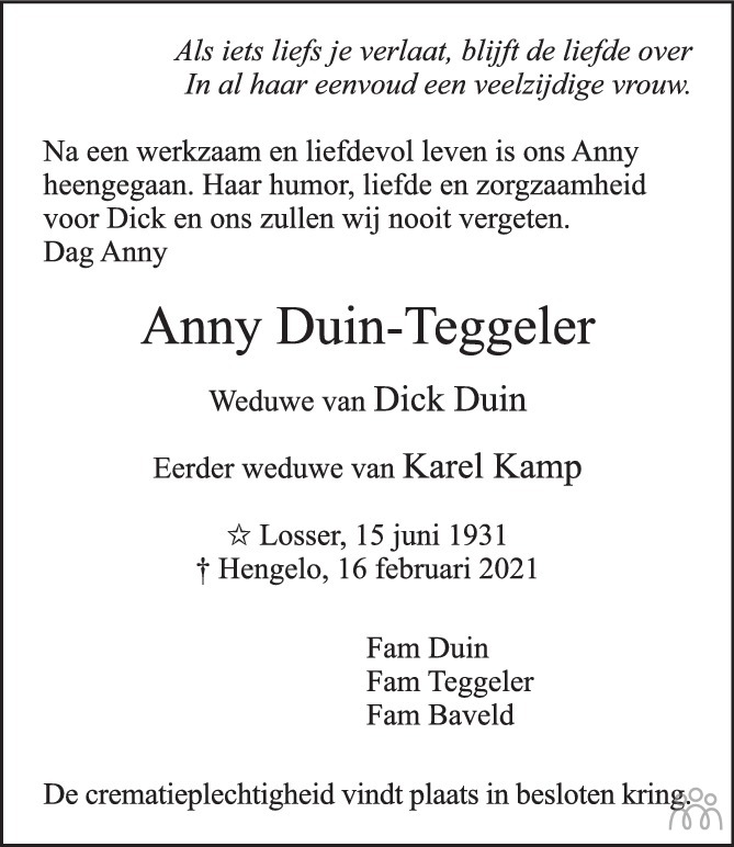Overlijdensbericht van Anny Duin-Teggeler in Tubantia