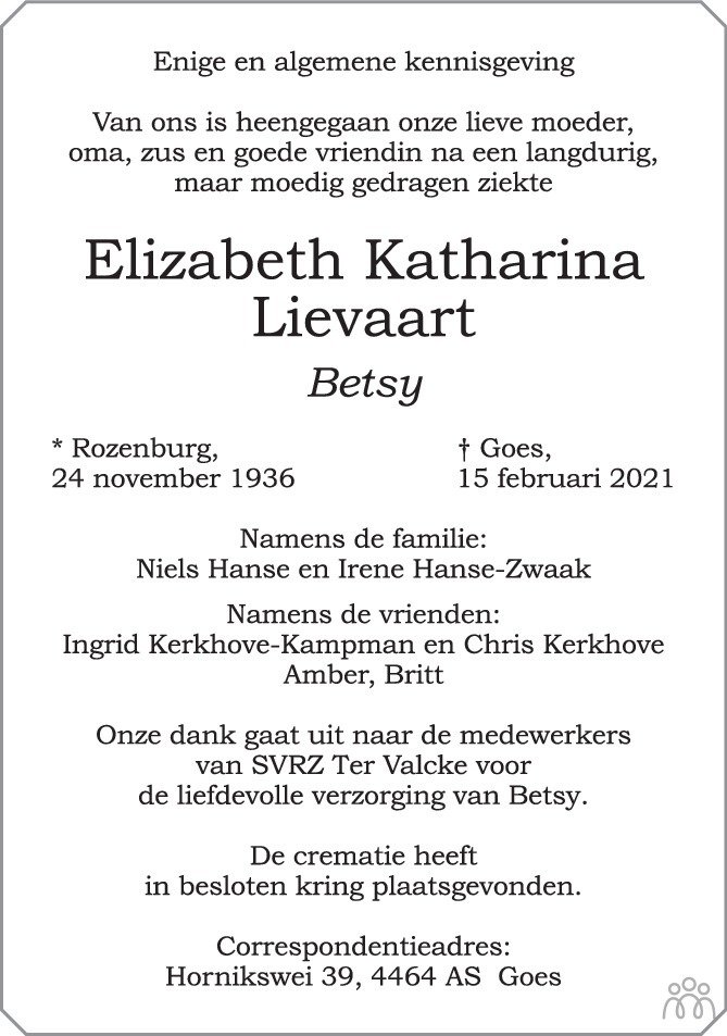 Overlijdensbericht van Elizabeth Katharina (Betsy) Lievaart in PZC Provinciale Zeeuwse Courant