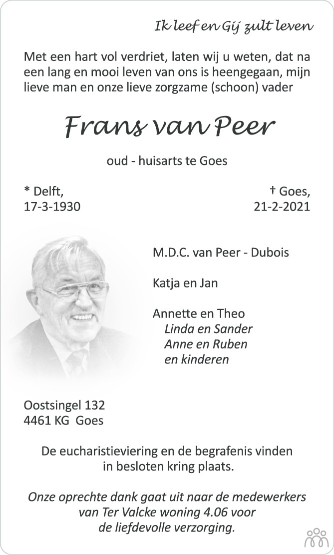 Frans van Peer 21-02-2021 overlijdensbericht en condoleances ...