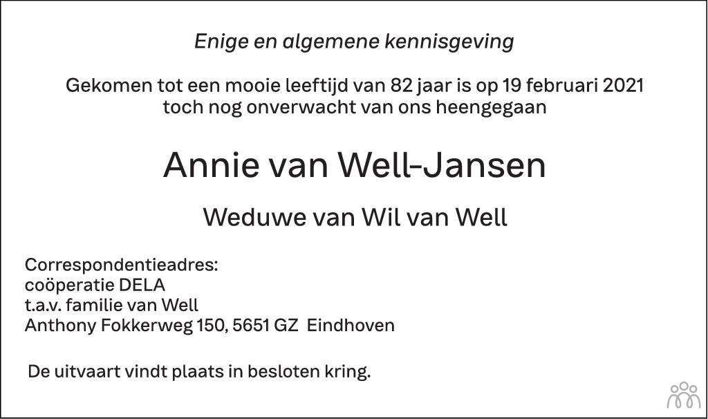 Overlijdensbericht van Annie van Well-Jansen in Eindhovens Dagblad