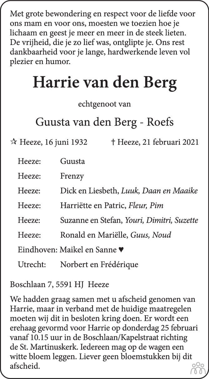 Overlijdensbericht van Harrie van den Berg in Eindhovens Dagblad