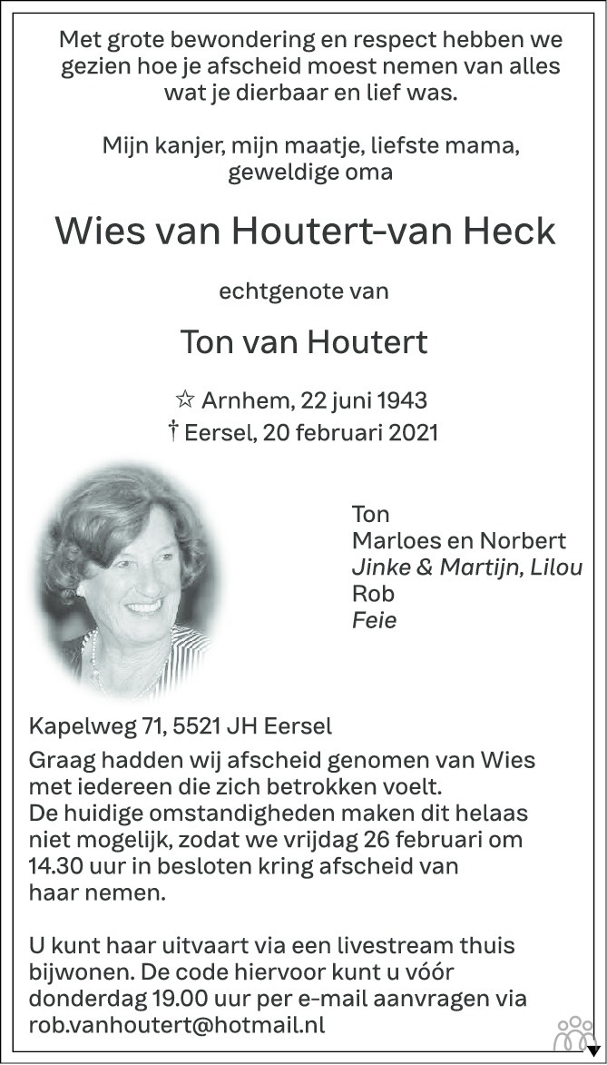 Overlijdensbericht van Wies van Houtert-van Heck in Eindhovens Dagblad