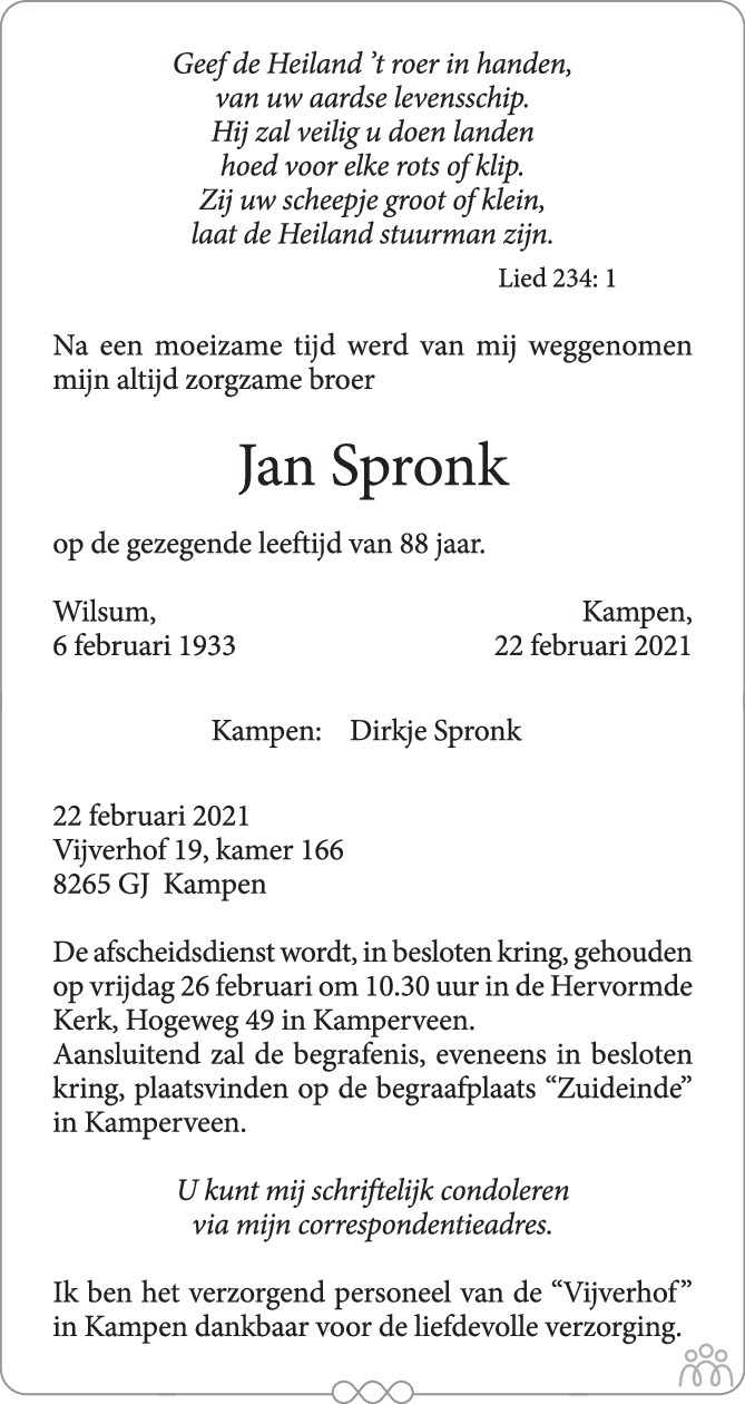 Overlijdensbericht van Jan  Spronk in de Stentor