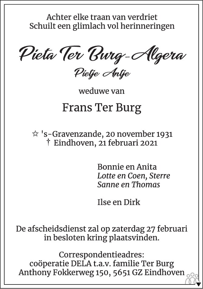 Overlijdensbericht van Pieta ter Burg-Algera in Eindhovens Dagblad