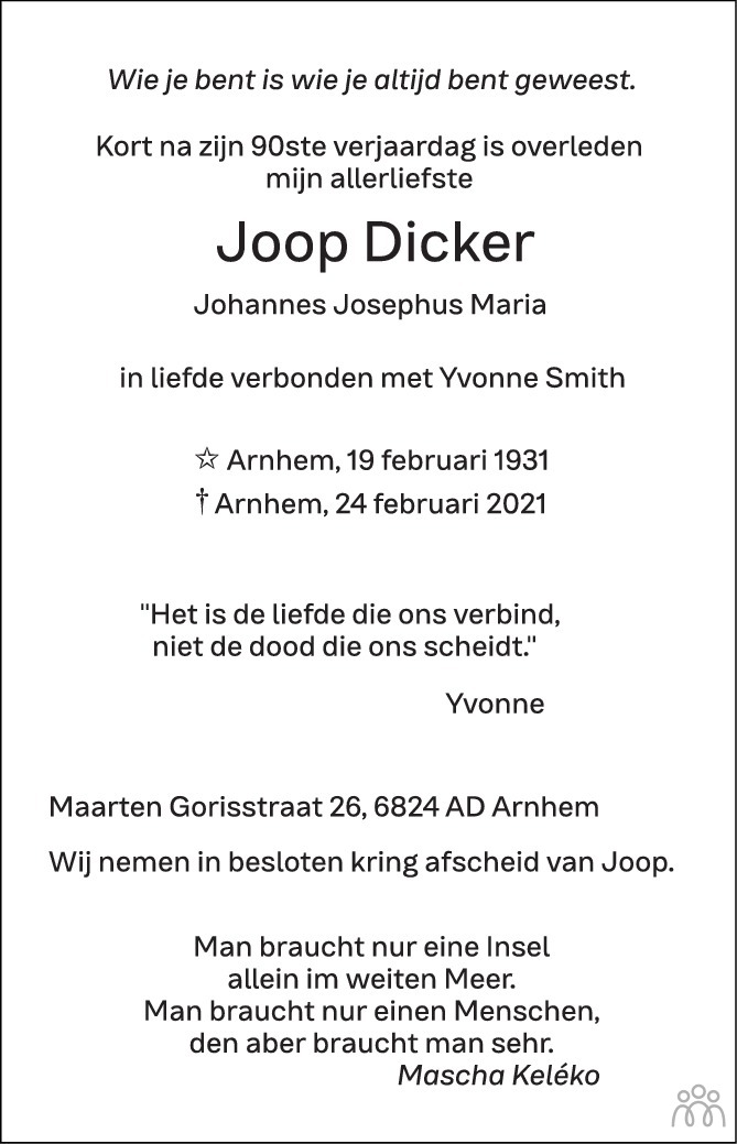 Overlijdensbericht van Joop (Johannes Josephus Maria) Dicker in de Gelderlander