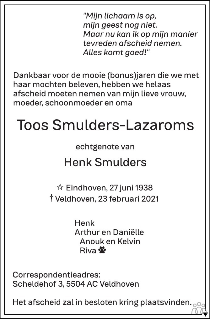 Overlijdensbericht van Toos Smulders-Lazaroms in Eindhovens Dagblad