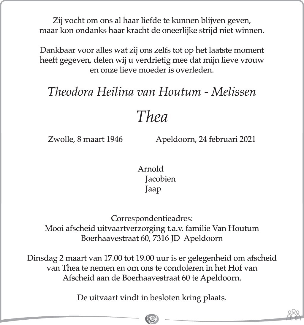 Overlijdensbericht van Theodora Heilina (Thea) van Houtum-Melissen in de Stentor