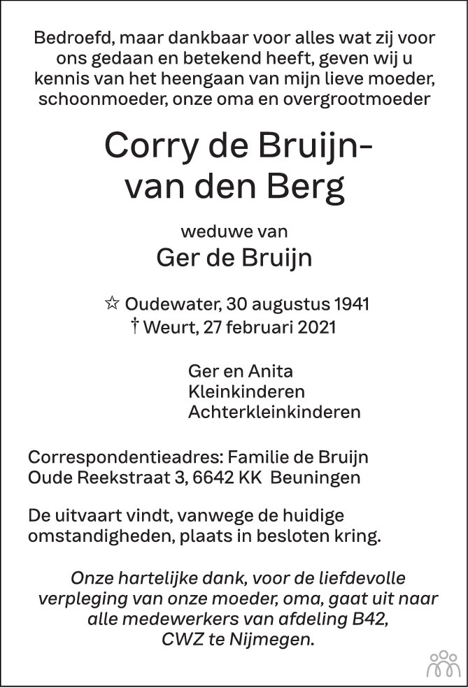 Overlijdensbericht van Corry de Bruijn-van den Berg in de Gelderlander