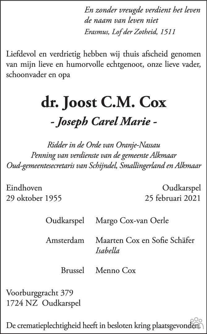 Overlijdensbericht van Joost C.M. (Joseph Carel Marie) Cox in de Volkskrant
