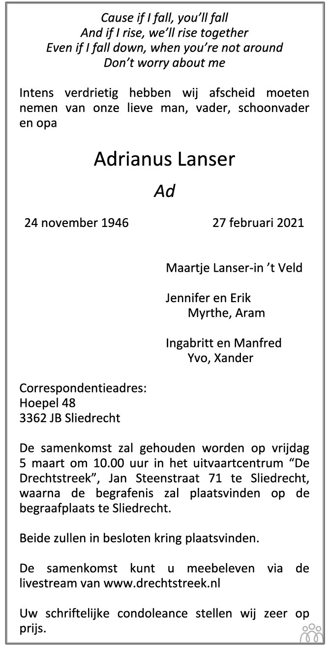 Overlijdensbericht van Adrianus (Ad) Lanser in AD Algemeen Dagblad