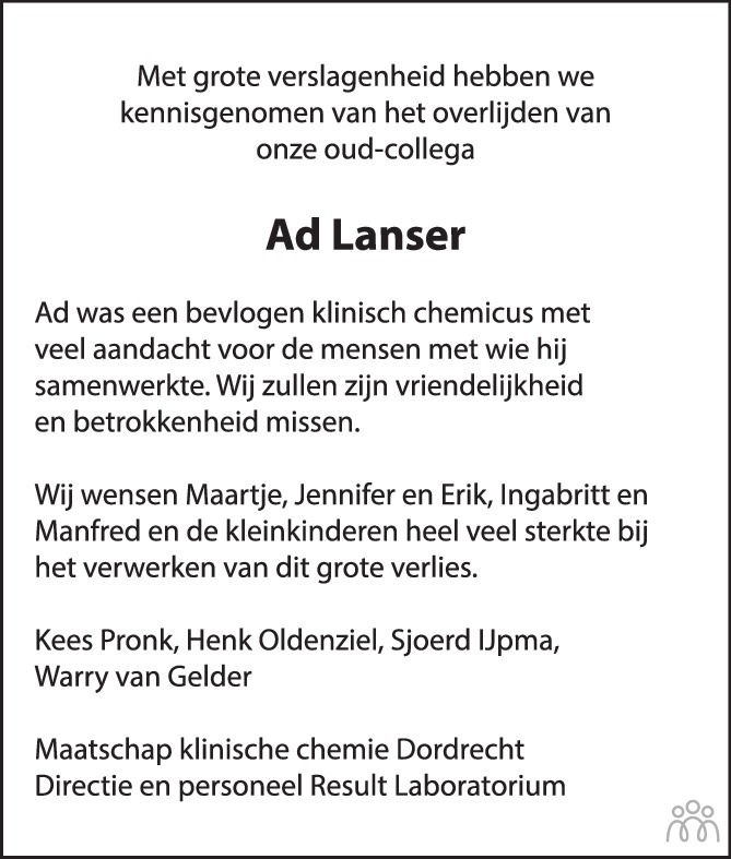 Overlijdensbericht van Adrianus (Ad) Lanser in AD Algemeen Dagblad