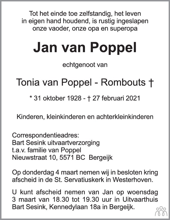 Overlijdensbericht van Jan van Poppel in Eindhovens Dagblad