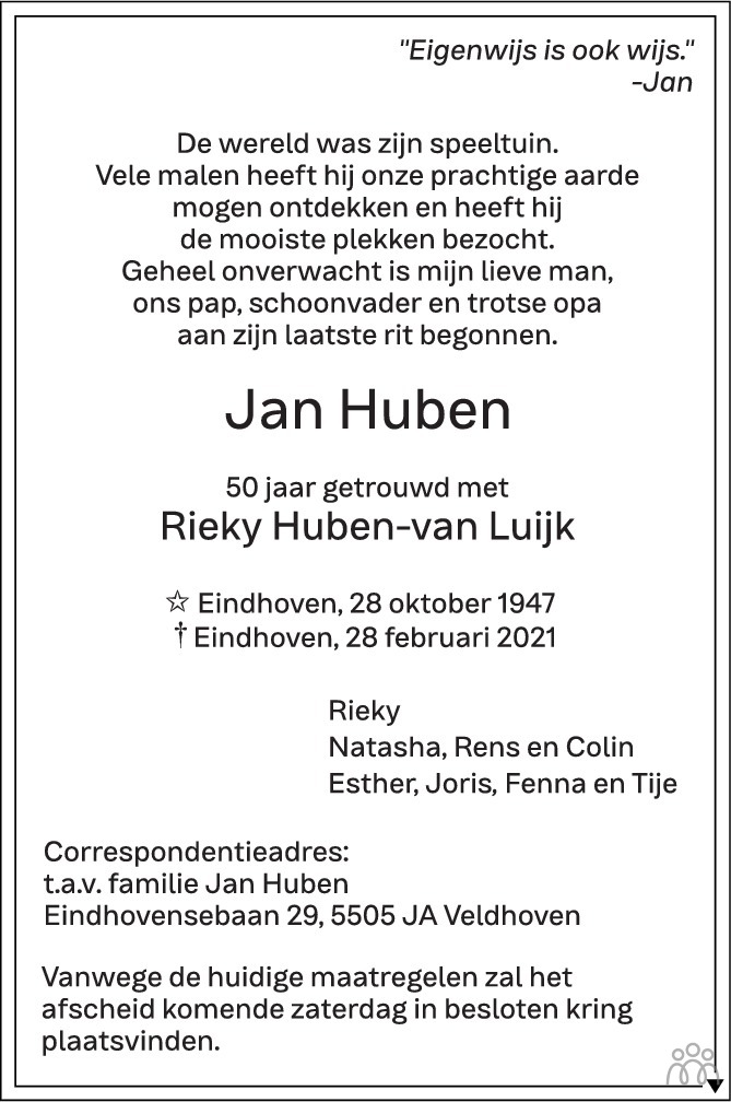 Overlijdensbericht van Jan Huben in Eindhovens Dagblad