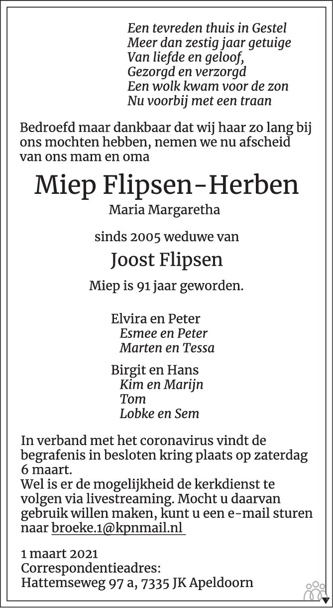 Overlijdensbericht van Miep (Maria Margaretha) Flipsen-Herben in Eindhovens Dagblad