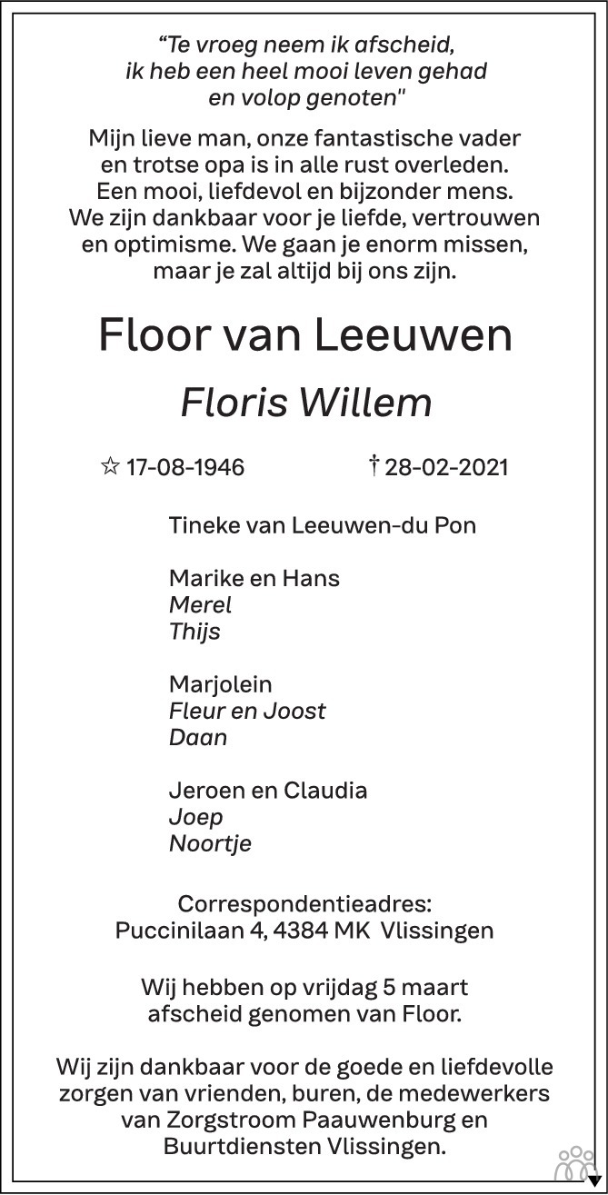 Floor (Floris Willem) van Leeuwen 28-02-2021 overlijdensbericht en ...