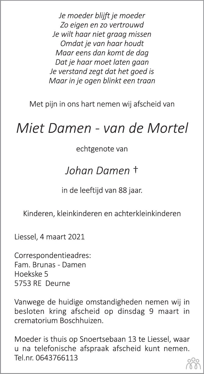 Overlijdensbericht van Miet Damen-van de Mortel in Eindhovens Dagblad