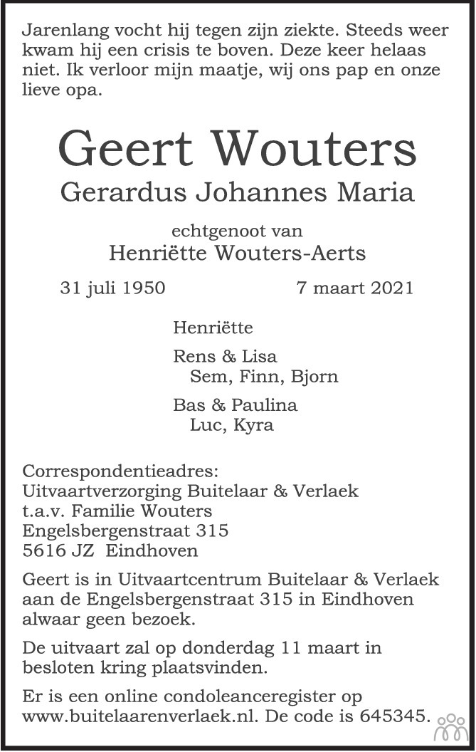 Overlijdensbericht van Geert (Gerardus Johannes Maria) Wouters in Eindhovens Dagblad