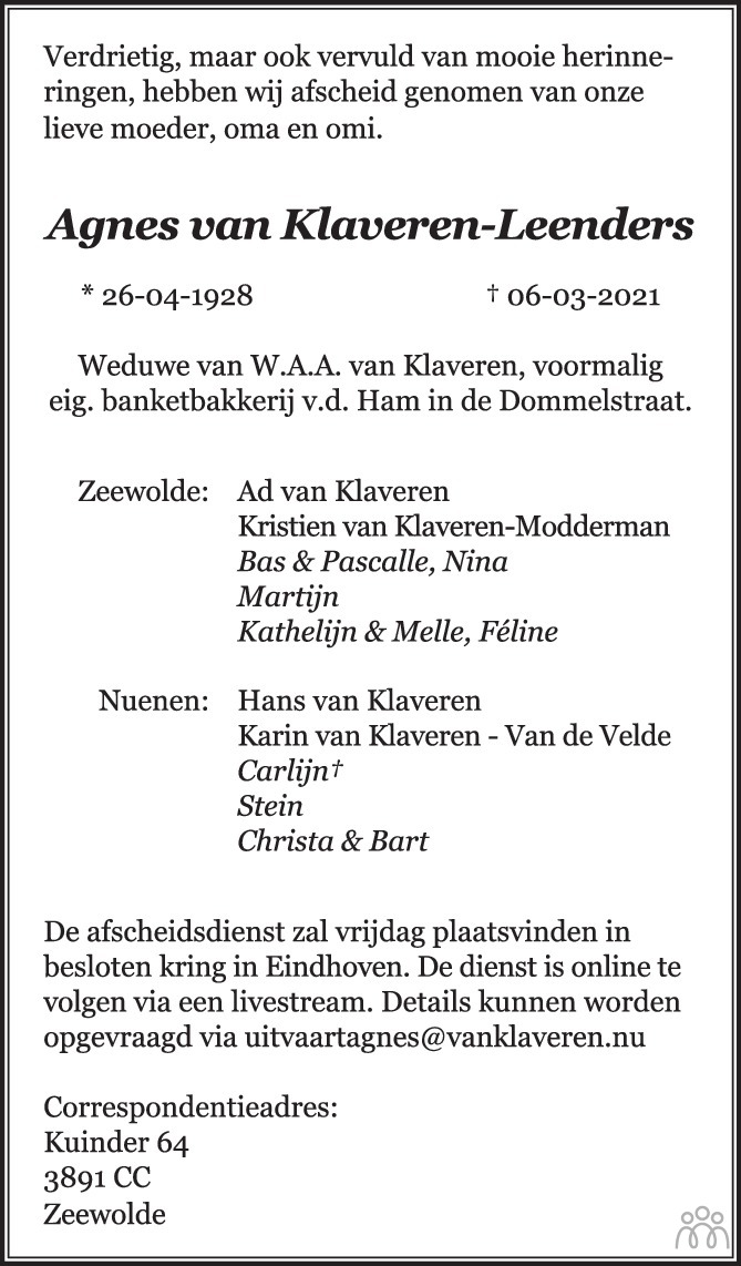 Overlijdensbericht van Agnes van Klaveren-Leenders in Eindhovens Dagblad
