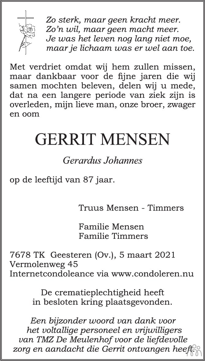 Gerardus Johannes (Gerrit) Mensen 05-03-2021 Overlijdensbericht En ...