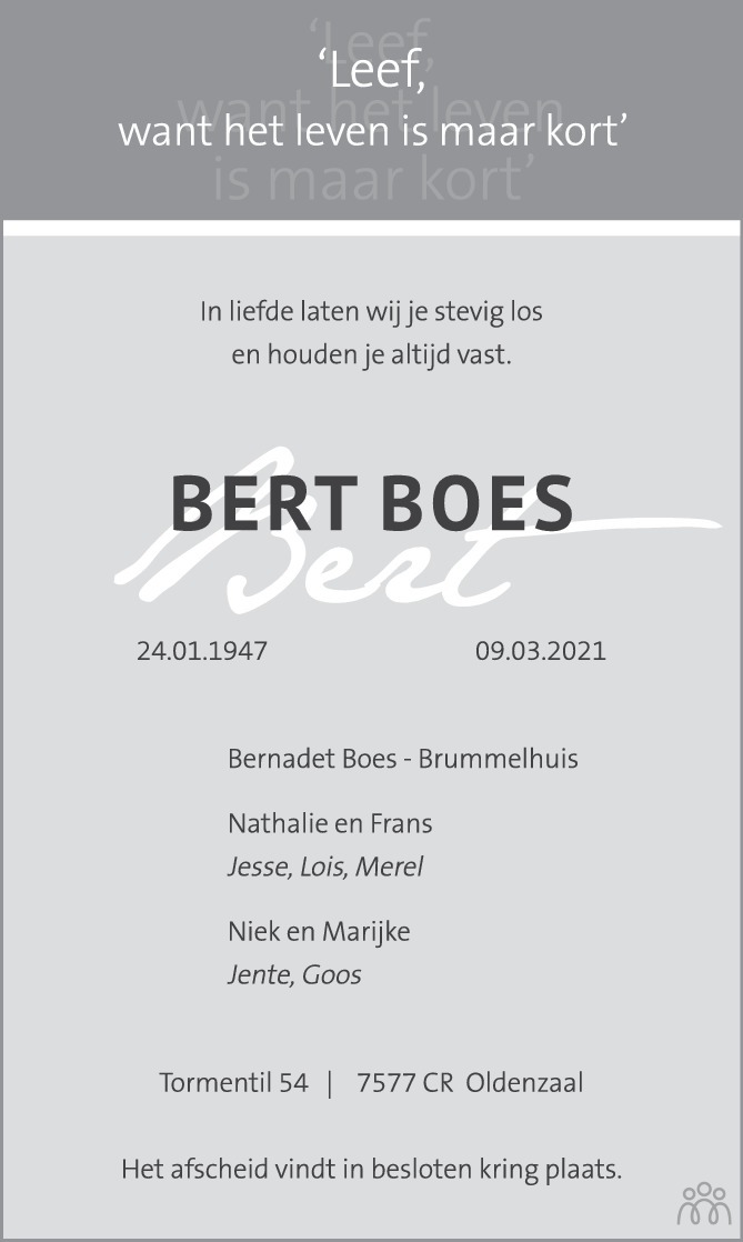 Bert Boes 09 03 21 Overlijdensbericht En Condoleances Mensenlinq Nl