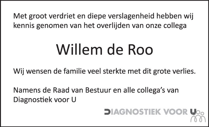 Overlijdensbericht van Willem de Roo in Eindhovens Dagblad