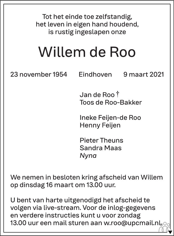 Overlijdensbericht van Willem de Roo in Eindhovens Dagblad