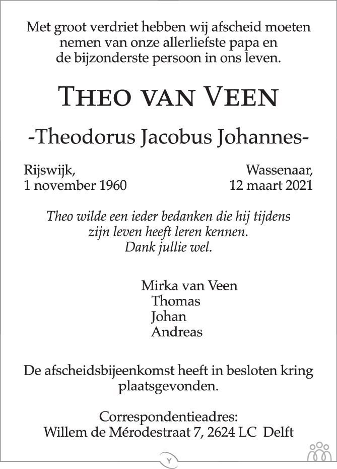 Theo Theodorus Jacobus Johannes Van Veen Overlijdensbericht En Condoleances