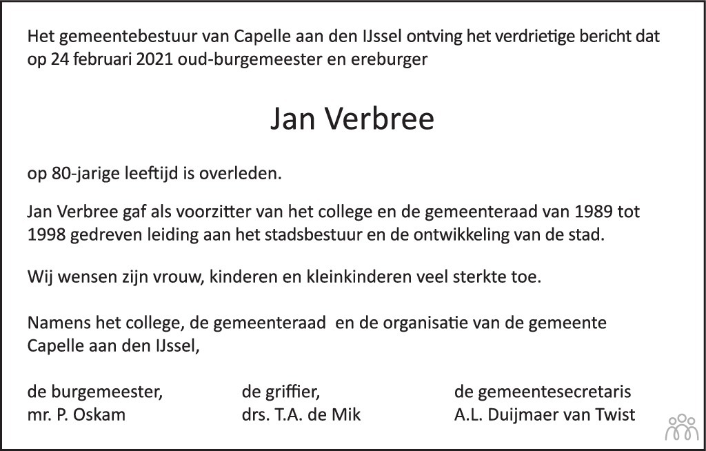 Overlijdensbericht van Jan Verbree in AD Algemeen Dagblad