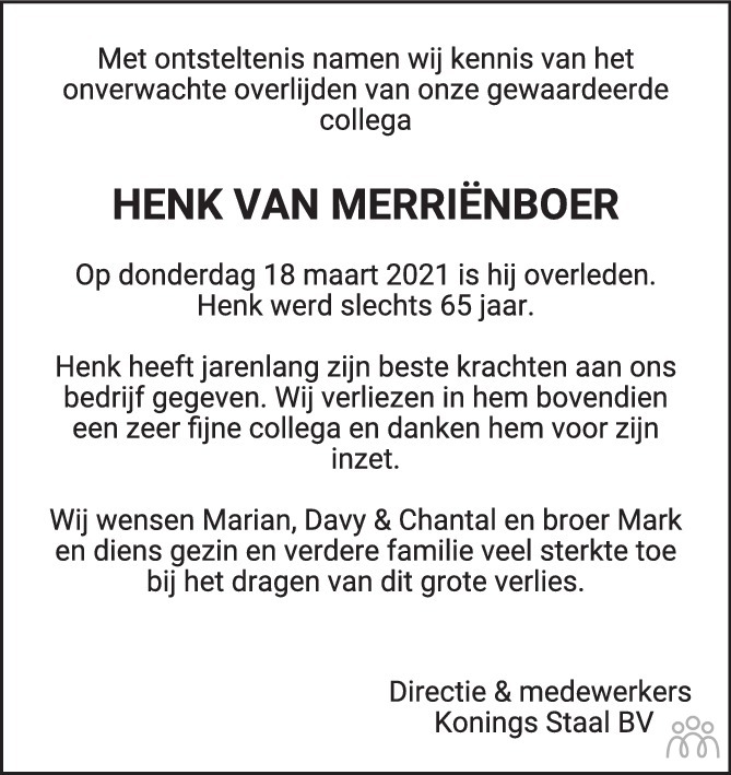 Henk van Merriënboer 18032021 overlijdensbericht en condoleances