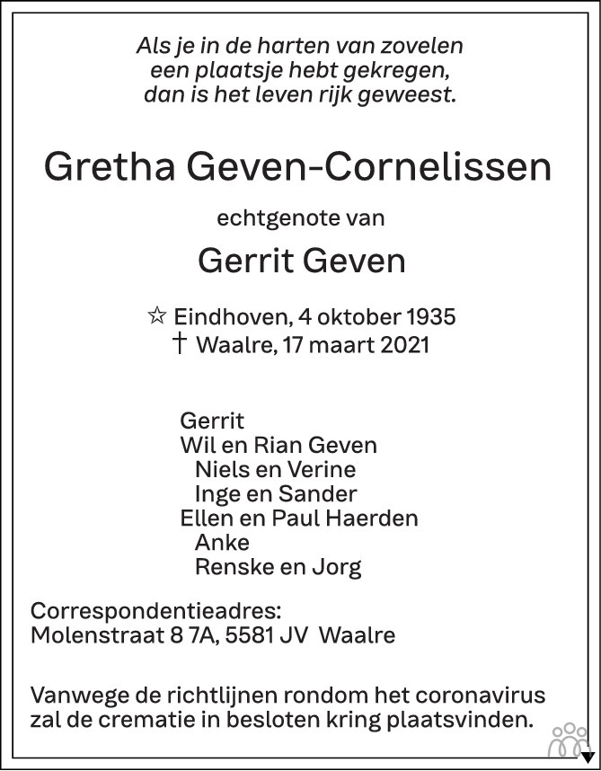 Overlijdensbericht van Gretha Geven-Cornelissen in Eindhovens Dagblad