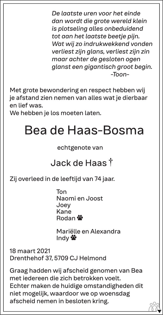Overlijdensbericht van Bea de Haas-Bosma in Eindhovens Dagblad