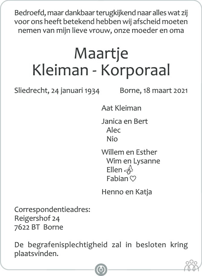 Overlijdensbericht van Maartje Kleiman-Korporaal in Hengelo's Weekblad