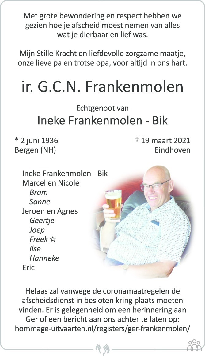 Overlijdensbericht van G.C.N. Frankenmolen in Eindhovens Dagblad