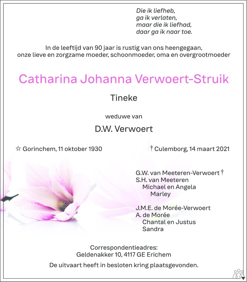 Overlijdensbericht van Catharina Johanna (Tineke) Verwoert-Struik in Zakengids Combinatie