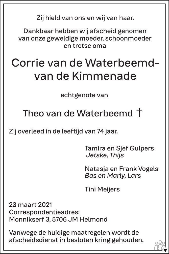 Overlijdensbericht van Corrie van de Waterbeemd-van de Kimmenade in Eindhovens Dagblad
