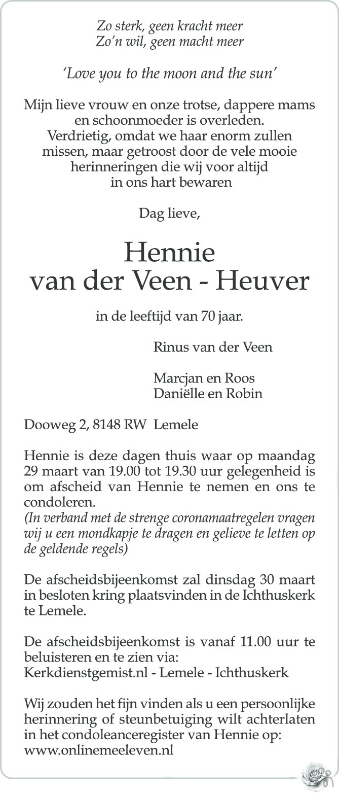 Overlijdensbericht van Hennie van der Veen-Heuver in de Stentor