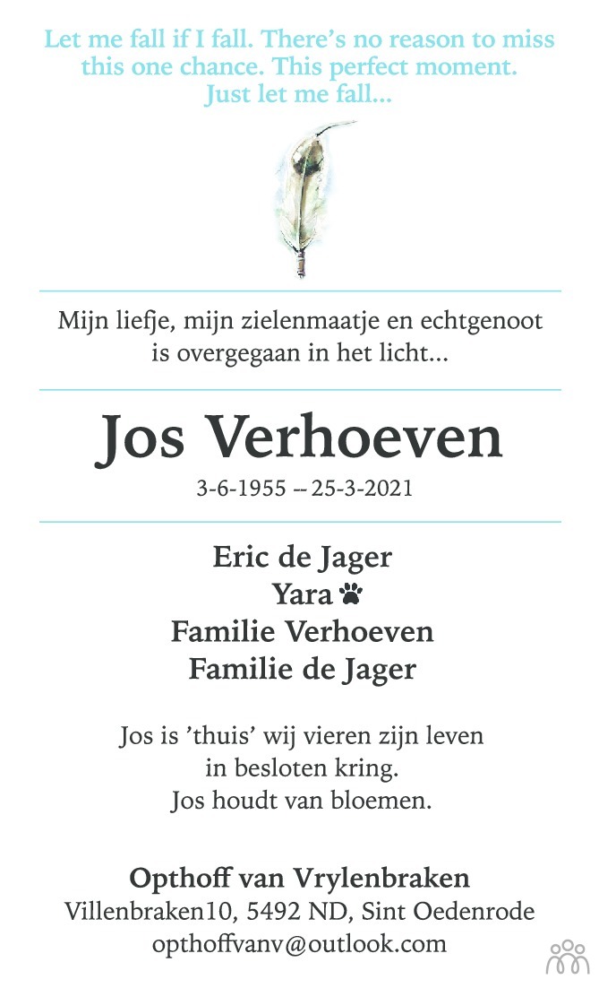 Overlijdensbericht van Jos Verhoeven in Eindhovens Dagblad