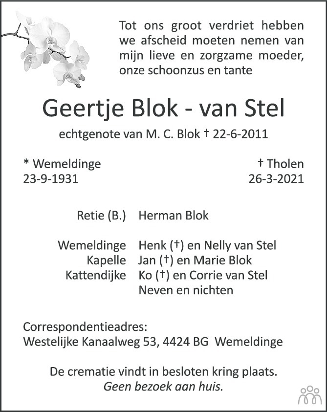Overlijdensbericht van Geertje Blok-van Stel in PZC Provinciale Zeeuwse Courant