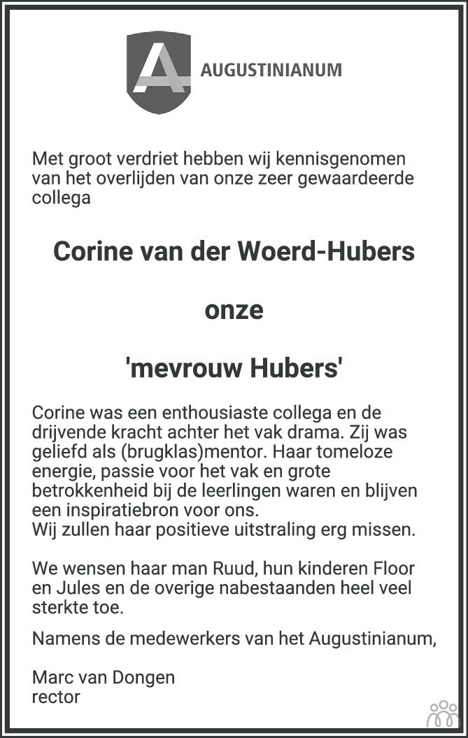 Overlijdensbericht van Corine van der Woerd-Hubers in Eindhovens Dagblad