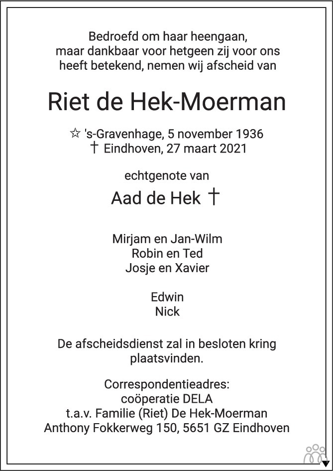 Overlijdensbericht van Riet de Hek-Moerman in Eindhovens Dagblad