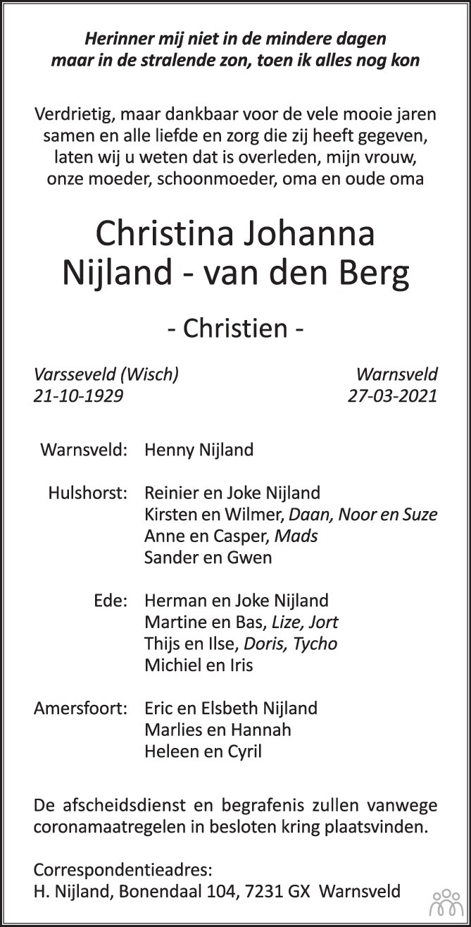 Christina Johanna (Christien) Nijland-van den Berg 27-03-2021 ...