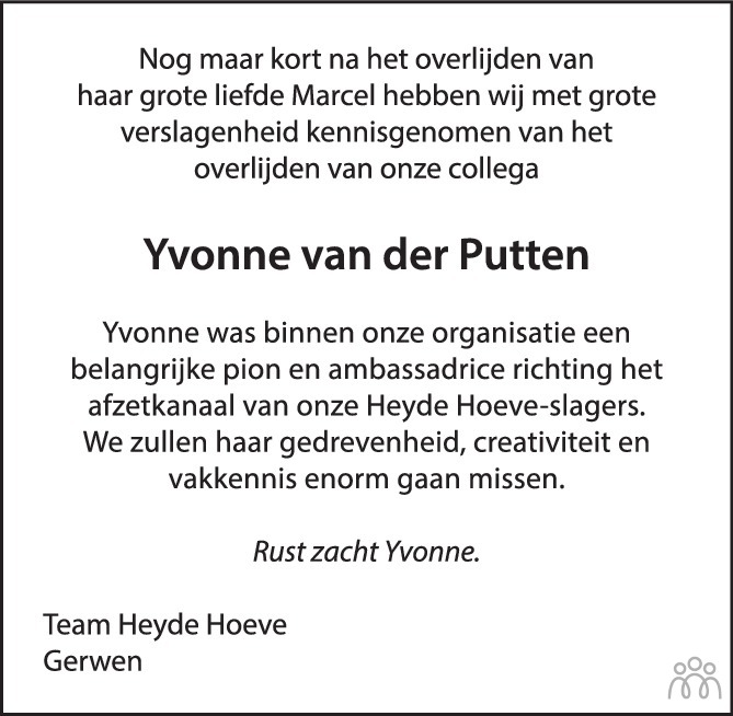 Overlijdensbericht van Yvonne van der Putten in Eindhovens Dagblad
